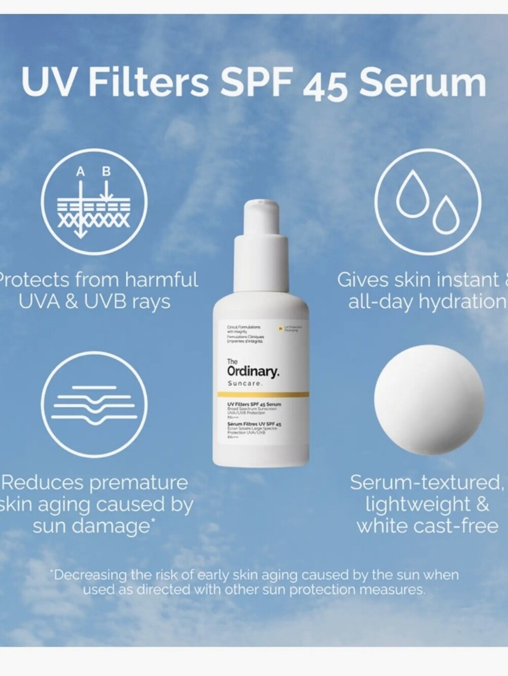 The Ordinary UV Filters SPF 45 Serum — White Bottle with Blue Sky